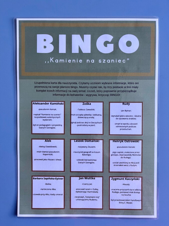 Bingo - "Kamienie na szaniec" - zamiast kartkówki