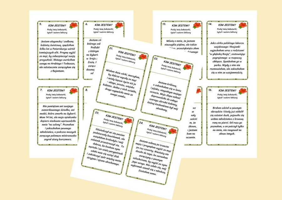 BOHATERKI LEKTUR 7-8 - KIM JESTEM? fiszki - 24 szt. - Dzień Kobiet - egzamin - powtórka + odpowiedzi