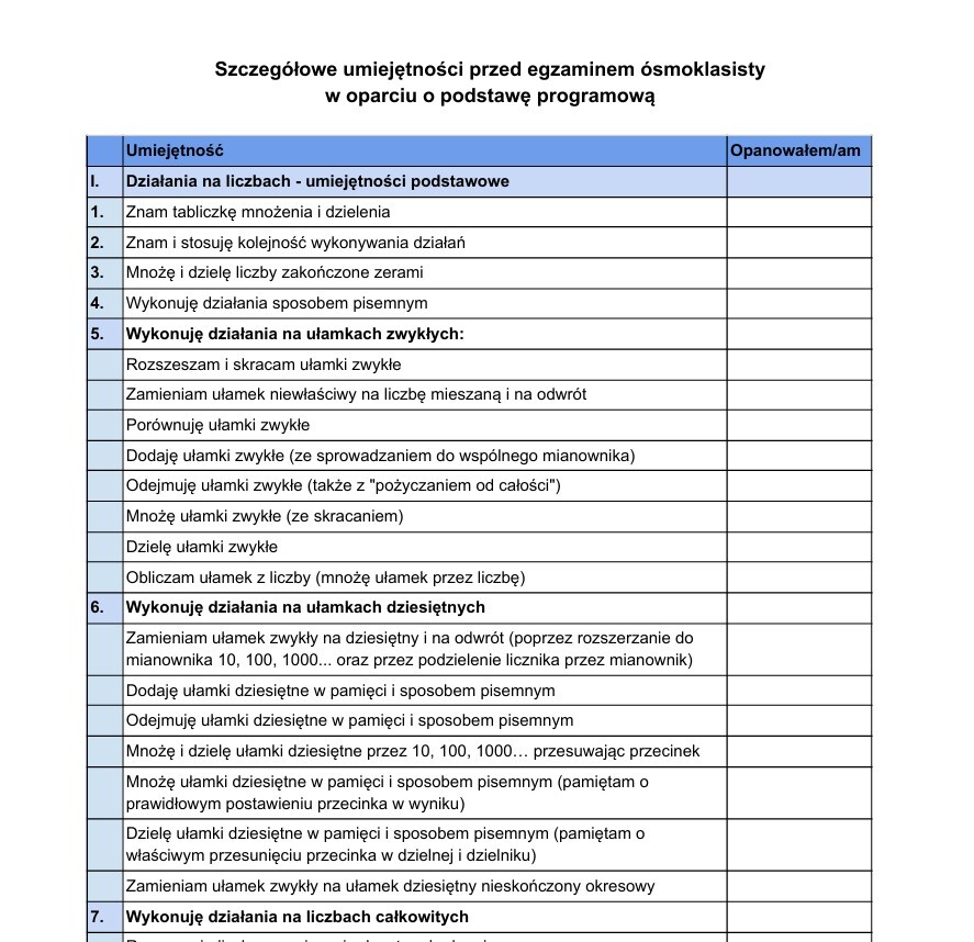 Wykaz umiejętności - egzamin ósmoklasisty 2025