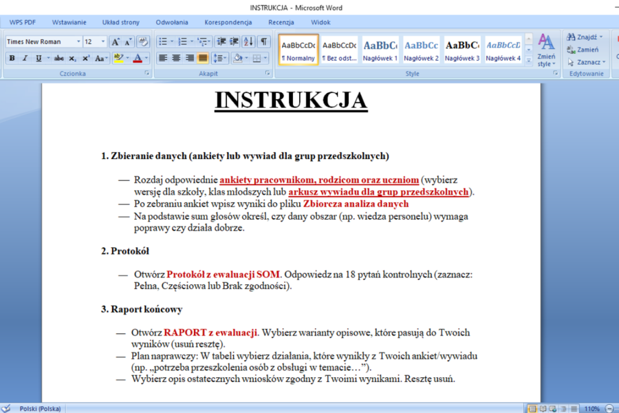 Ewaluacja Standardów Ochrony Małoletnich w przedszkolu/ szkole; raport