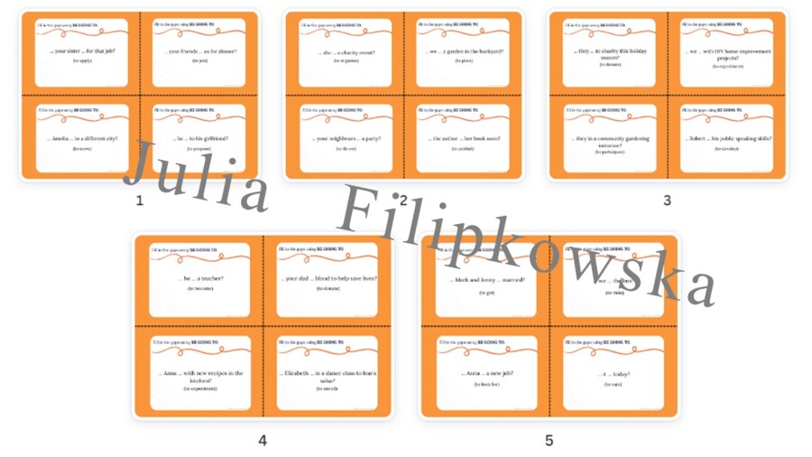 Be going to/ Pytania/ Karty do mówienia/ Mówienie/ Speaking/ Konwersacje/ Klasy 4-8/ Klasy 4-6/ Klasy 6-8/ SP/ Warm-up/ Rozgrzewka/ Speaking cards/ Gramatyka/ Grammar/ Speaking cards grammar/ Grammar cards/ E8
