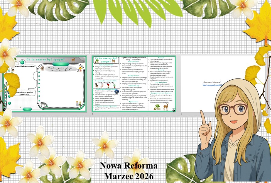 Mały zestaw na jedną lekcję: sketchnotka/notatka/przypomnienie dla nauczyciela, karta pracy plus prezentacja multimedialna „Co to znaczy być żywym?” w genial.ly. Przyroda "Odkrywam przyrodę". Klasa 4. Dział „Jak działają organizmy?".