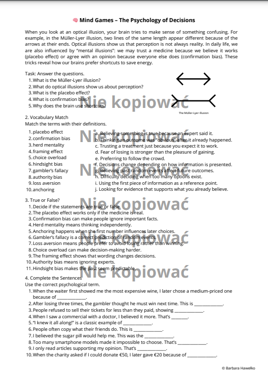 Karta Pracy: Mind Games - the Psychology of Decisions (słownictwo + Passive Voice i Reported Speech) B1/B2