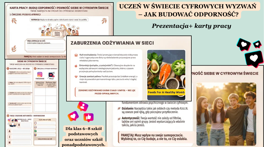 Edukacja zdrowotna | Uczeń w świecie cyfrowych wyzwań Prezentacja i karty pracy| Zestaw dla 6-8 klasy oraz szkół średnich