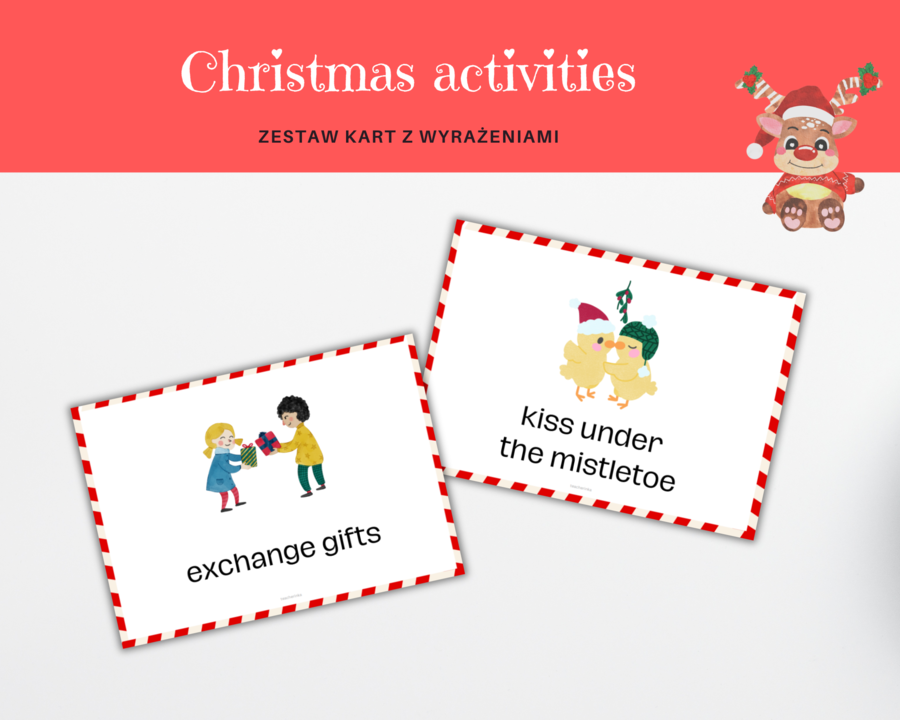 Christmas Activities - Karty z Wyrażeniami Świątecznymi, zestaw obrazkowych kart z podpisami, 18 zwrotów