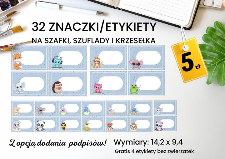 Znaczki "Słodkie Zwierzątka" - etykiety na szafki/szuflady/krzesła/wieszaczki + 32 szt zwierzątek + 4 puste z opcją dodania napisu w formacie PDF