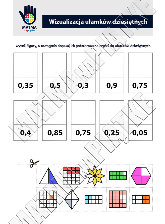 Ułamki dziesiętne - Zestaw materiałów / Pakiet 4x A4 - Szkoła Podstawowa - Klasa 4 / 5 - Klasa Czwarta / Piąta - Ułamek jako część całości - Karta pracy o ułamkach dziesiętnych - Powtórzenie ułamków - Kolorowanka Wycinanka z ułamkami dziesiętnymi - Wizua