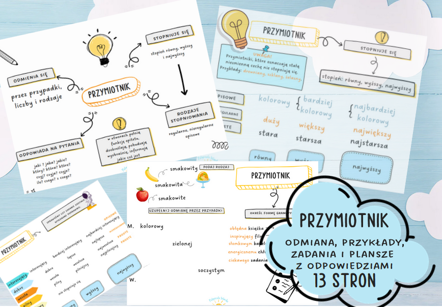 Przymiotnik- odmiana, zadania, plansze z rozwiązaniami