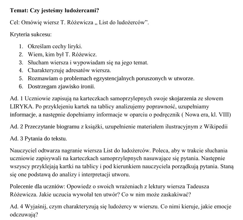 scenariusz lekcji z wykorzystaniem strategii OK, T. Różewicz " List do ludożerców"