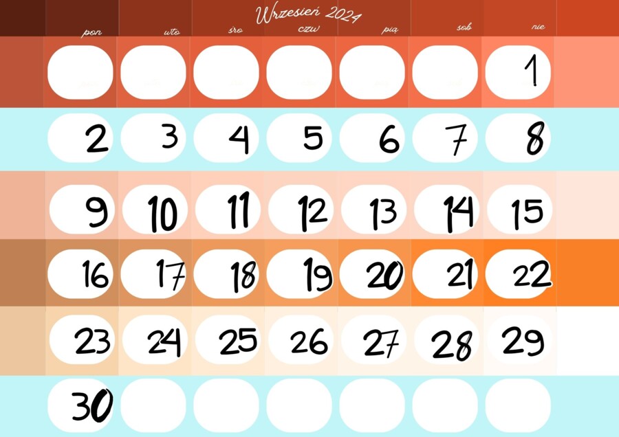 Wrzesień 2024, kartka z kalendarza, A4, 2szt. A4 i 9szt.A4