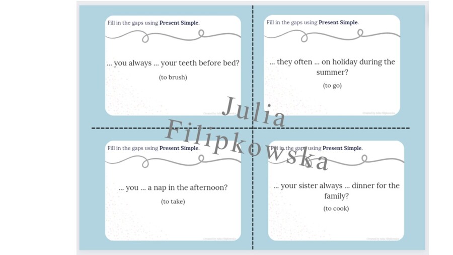 Present Simple/ Karty do mówienia/ Mówienie/ Speaking/ Konwersacje/ Klasy 4-8/ Klasy 4-6/ Klasy 6-8/ SP/ Warm-up/ Rozgrzewka/ Speaking cards/ Gramatyka/ Grammar/ Speaking cards grammar/ Grammar cards/ E8