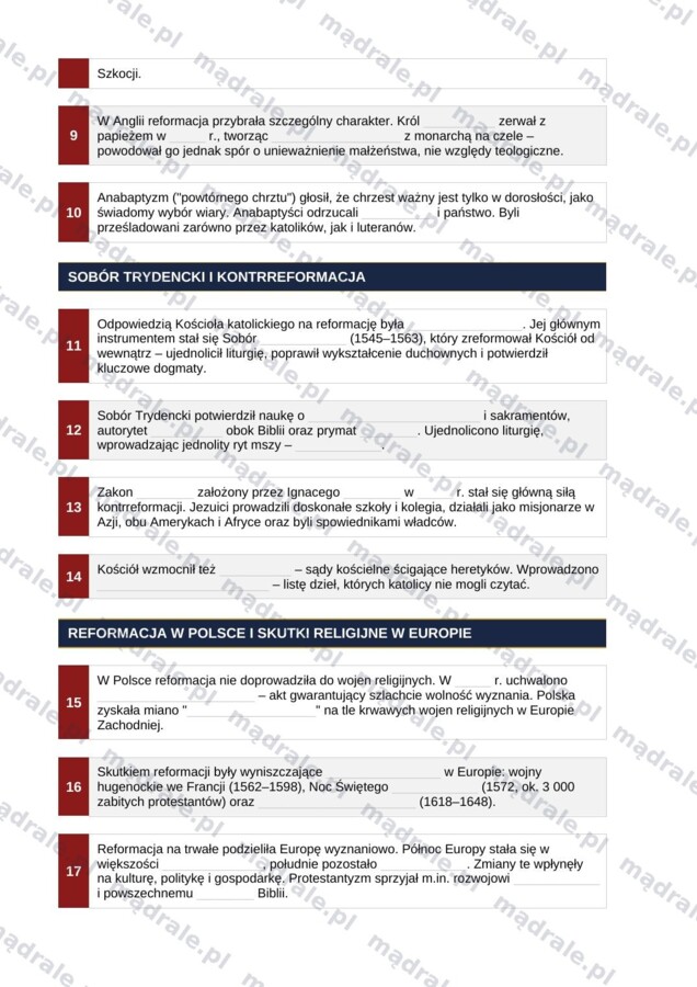 Notatka okienkowa „Reformacja i kontrreformacja” + klucz odpowiedzi