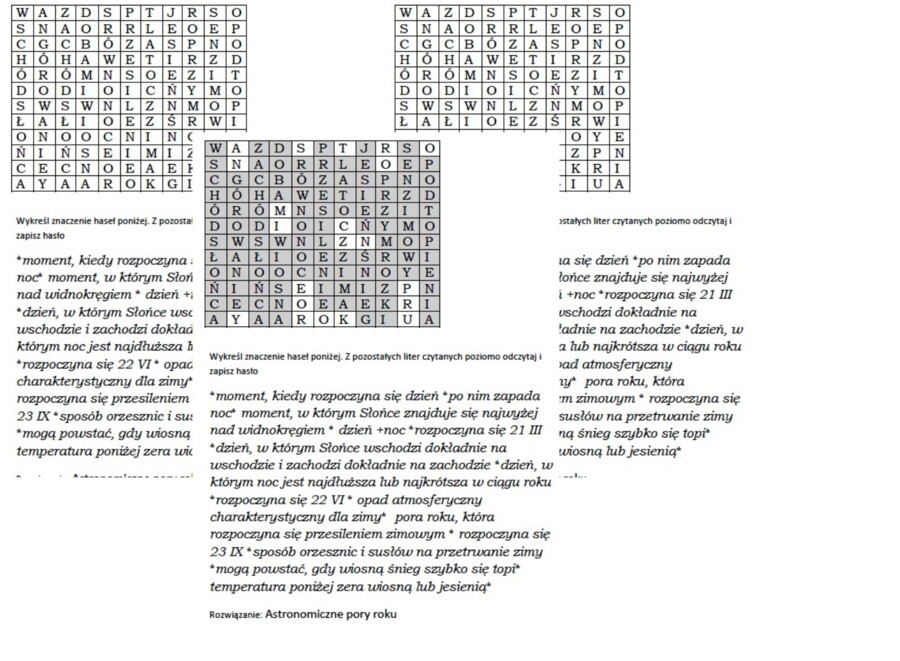 Wykreślanka dla klasy 4 na podsumowanie lekcji o "wędrówce" Słońca po niebie i porach roku