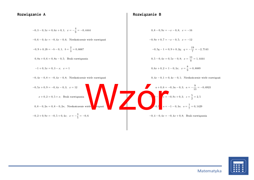 Równania liniowe (liczby dziesiętne), różne typy pierwiastków | matematyka, algebra | 26 kolumn