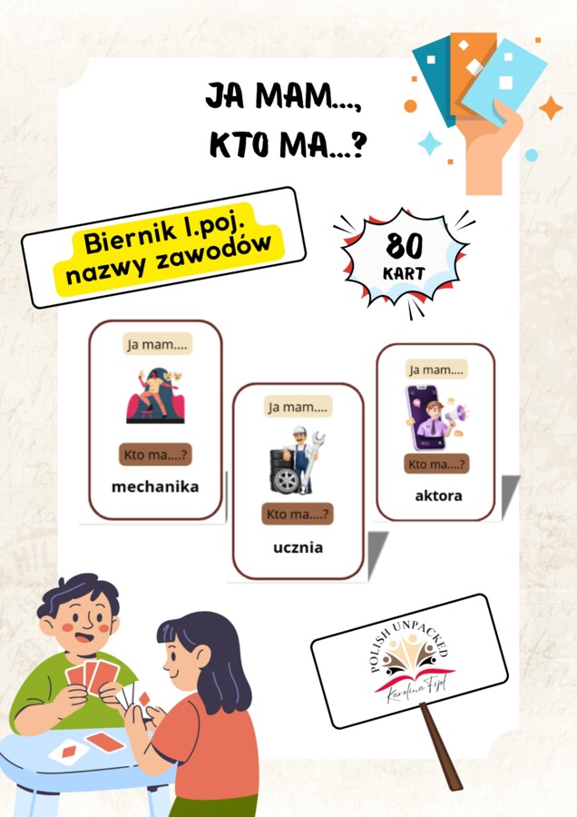 80 kart "Ja mam, kto ma" nazwy zawodów, biernik l.poj., jpjo poziom A2/B1.