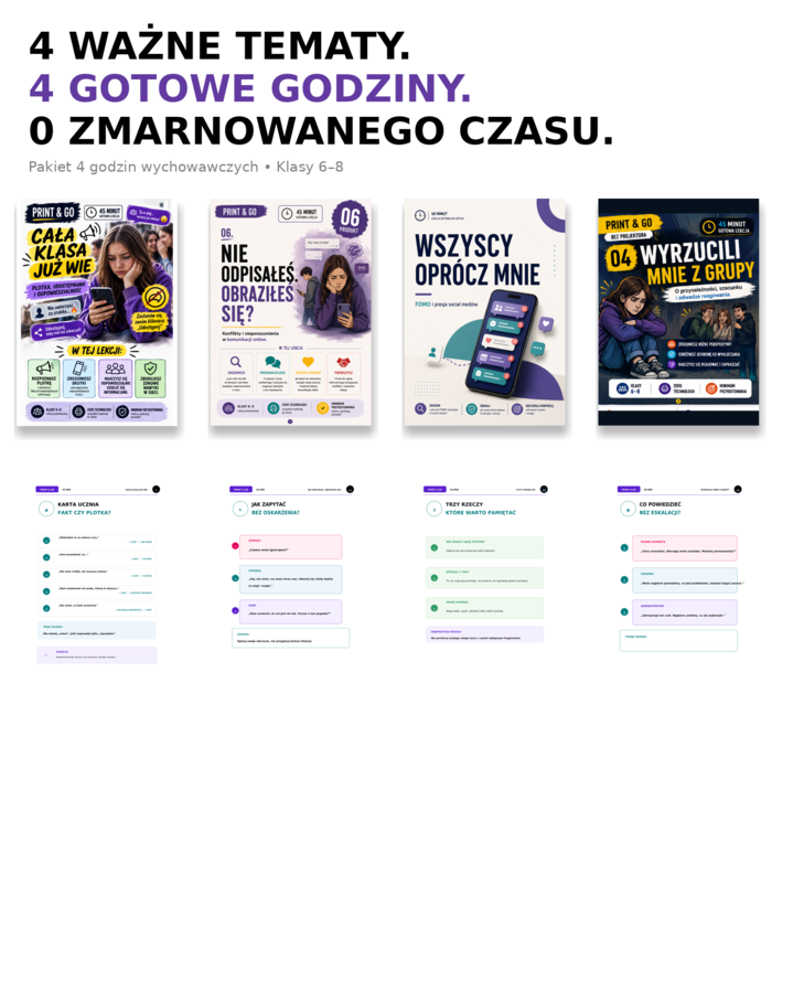 Pakiet 4 godzin wychowawczych | Trudne sytuacje uczniów ONLINE i OFFLINE | Klasy 6–8 | PRINT & GO