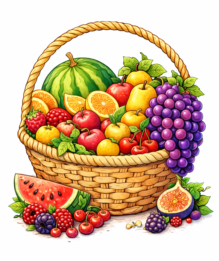 Kosze z owocami – kolorowanki (6 kart pracy); Dzień Owoców; owoce; zdrowe odżywianie