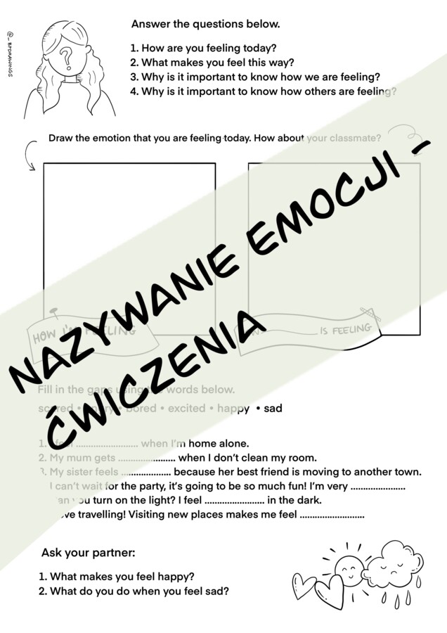 Lekcja o emocjach. Słownictwo i nazywanie emocji, uzupełnianie zdań, kolorowanka.
