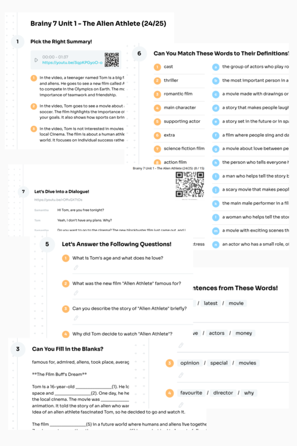 Brainy 7 - Unit 1 - karta pracy - The Alien Athlete (24/25) - film, cinema, going out