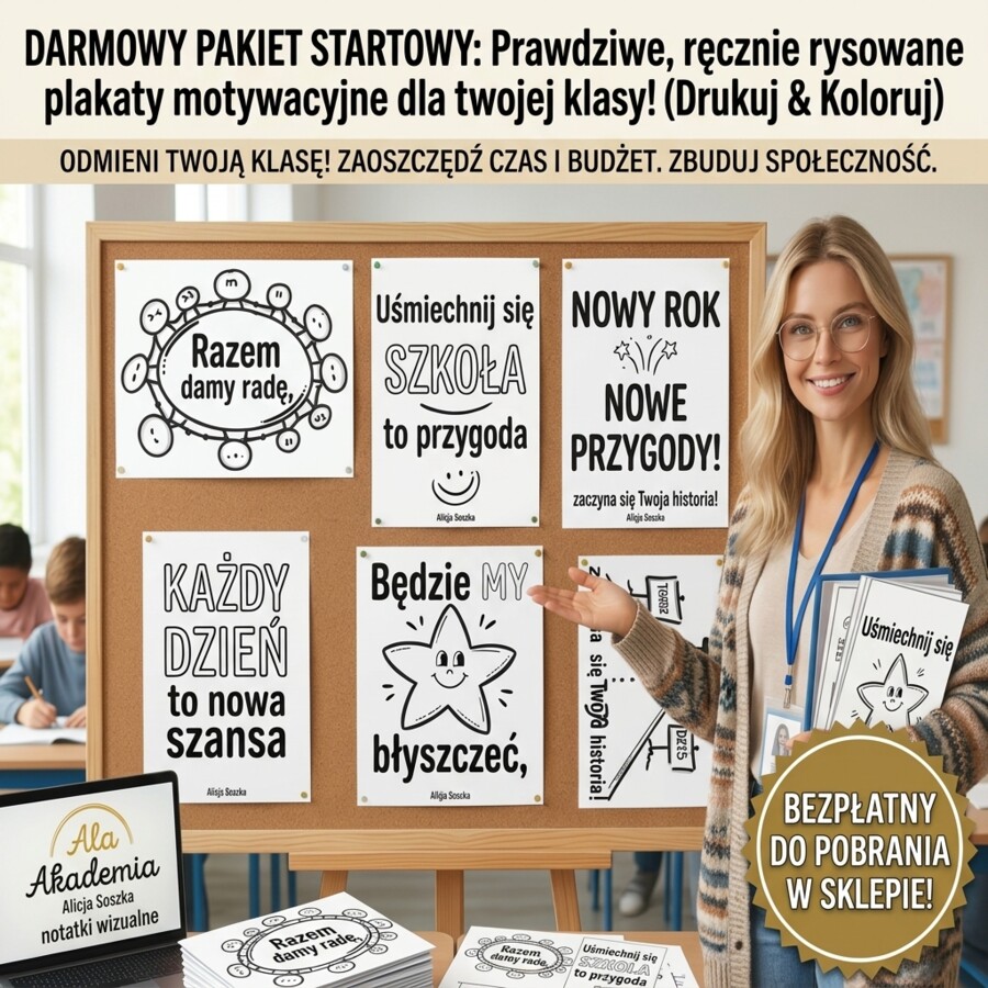 DARMOWY PAKiET STARTOWY: Ręcznie rysowane plakaty motywacyjne i dekoracje do klasy (Drukuj & Koloruj)