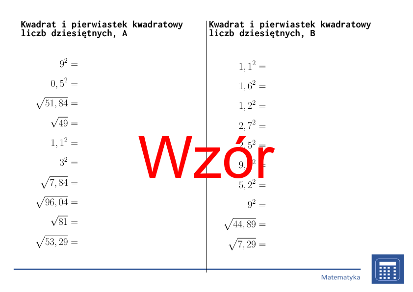 Kwadrat i pierwiastek kwadratowy liczb dziesiętnych | matematyka | 26 kolumn