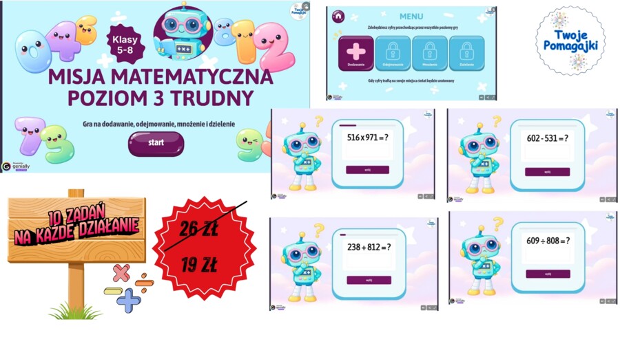 Misja matematyczna 4 działania gra genially- Poziom Trudny (Klasy 5-8)