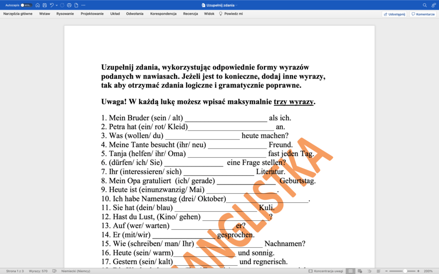 Uzupełnianie zdań - j.niemiecki - egzamin ósmoklasisty + KLUCZ