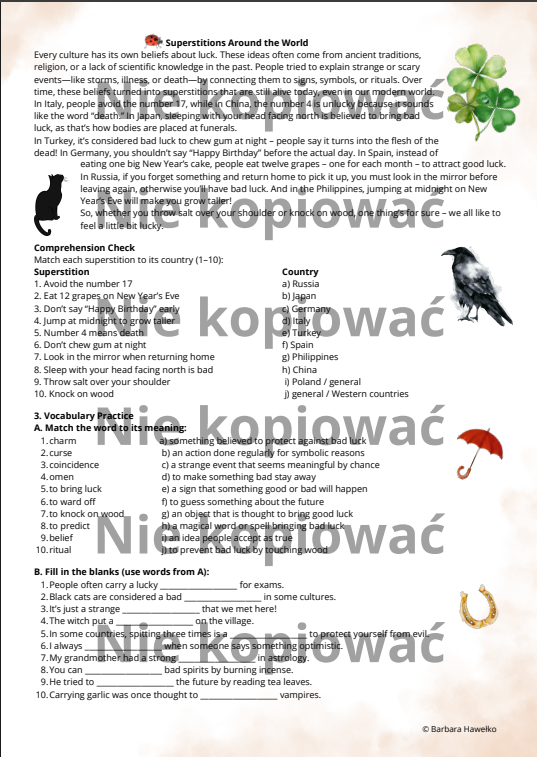 Karta pracy z czytanką Superstitions Around the World B1+/B2