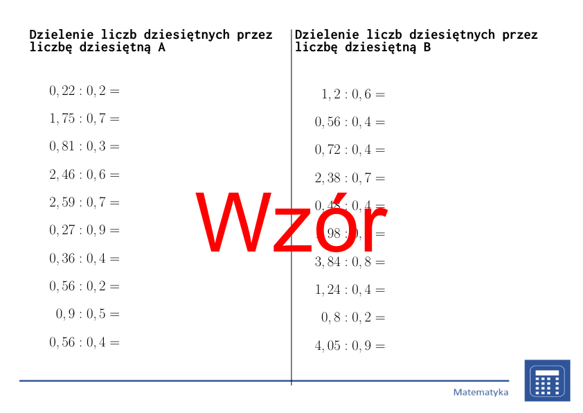Dzielenie liczb dziesiętnych przez liczbę dziesiętną | matematyka | 26 kolumn