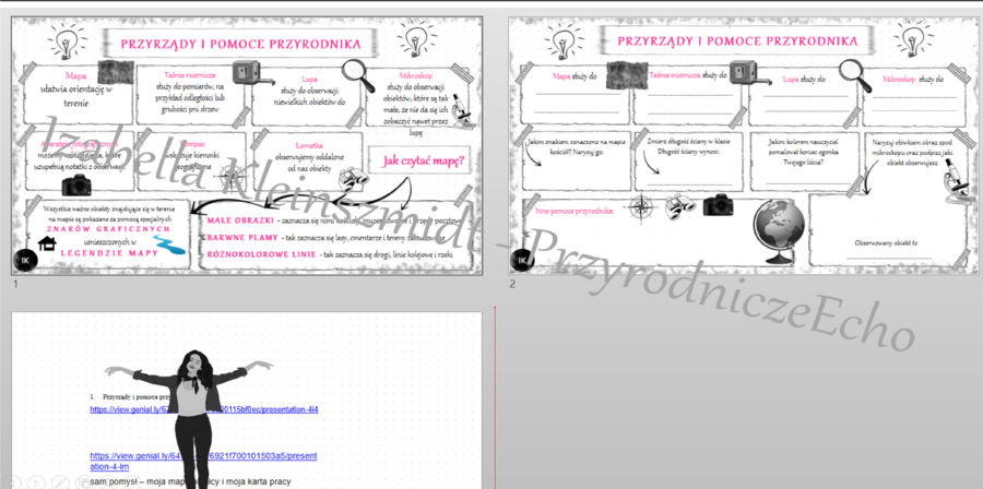 Kompletny zestaw na jedną lekcję „Przyrządy i pomoce przyrodnika” – sketchnotka + karty pracy w power point + gratisowy link do prezentacji multimedialnej niekomercyjnej + gratisowy link do lekcji multimedialnej niekomercyjnej również wykonanej w genial.