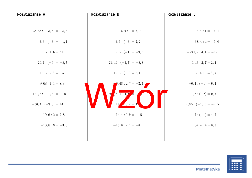 Dzielenie liczb dziesiętnych dodatnich i ujemnych | matematyka | 26 kolumn