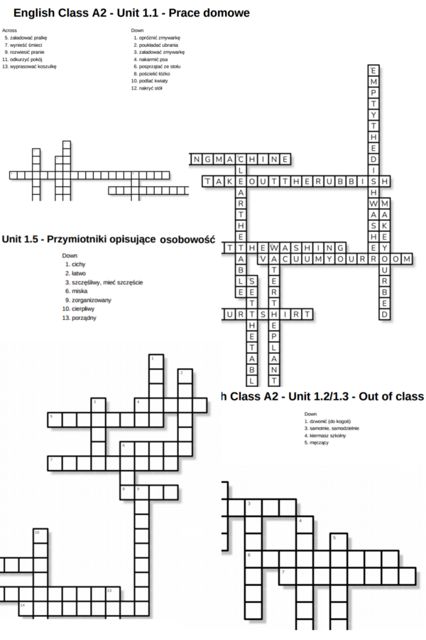 English Class A2 – Unit 1 – krzyżówki – Prace domowe/Out of class/Przymiotniki opisujące osobowość