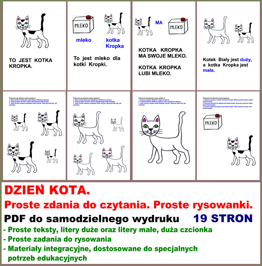 DZIEŃ KOTA. Proste zdania do czytania. Proste rysowanki. PDF do samodzielnego wydruku.