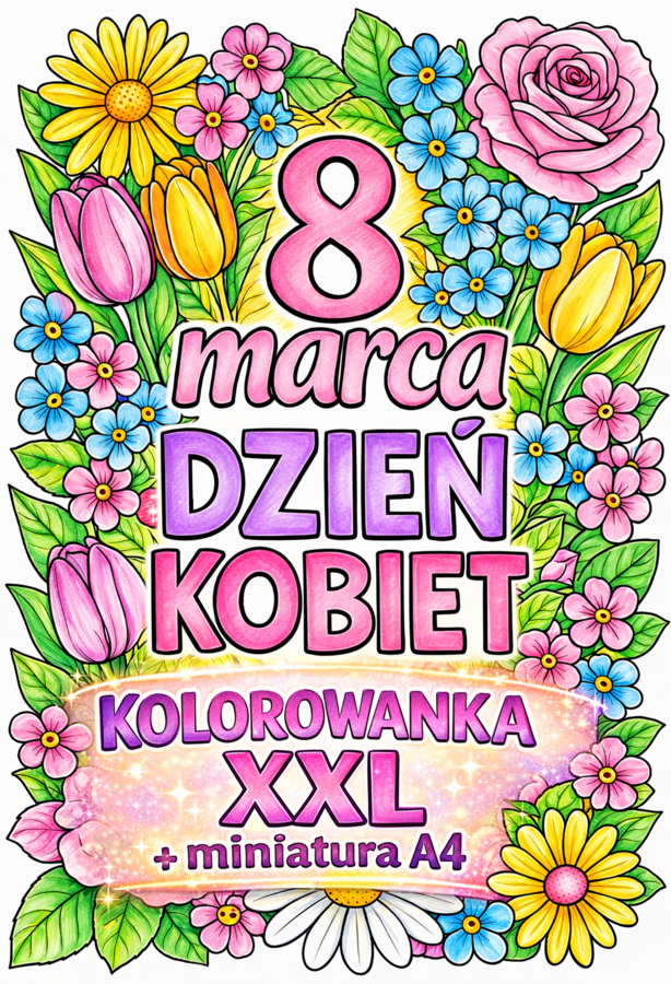 DZIEŃ KOBIET – kolorowanka XXL (9 stron) + wersja A4; plakat do złożenia; dekoracja; gazetka