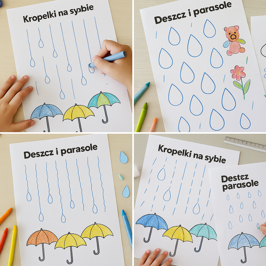 Kropelki na szybie – karta pracy do rysowania po śladzie