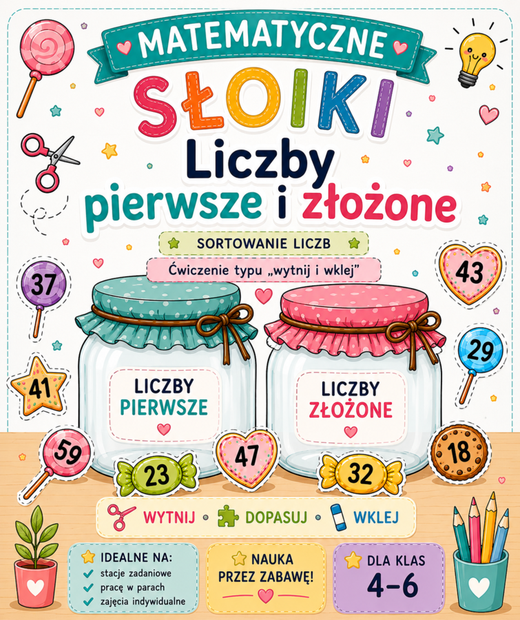 Matematyczne słoiki – liczby pierwsze i złożone | Wytnij cukierki i wklej | Klasy 4–6