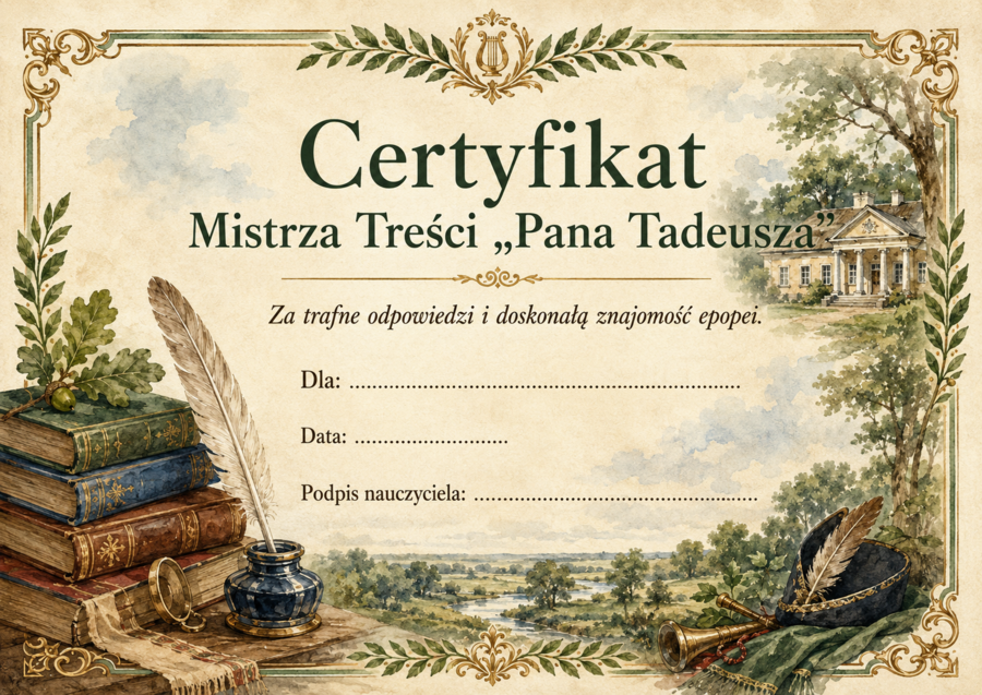 Dyplomy/ certyfikaty dla uczniów do lektury "Pan Tadeusz" kolorowe