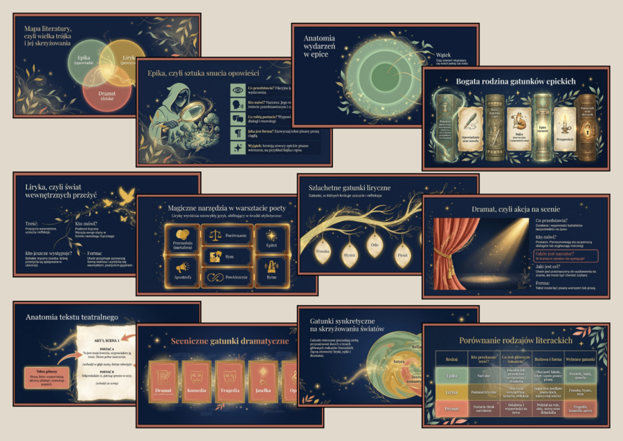 RODZAJE LITERACKIE - prezentacja - 14 slajdów - egzamin - powtórka