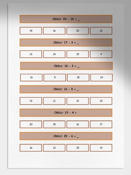 Odejmowanie w zakresie do 20. Karta pracy. Sprawdzian