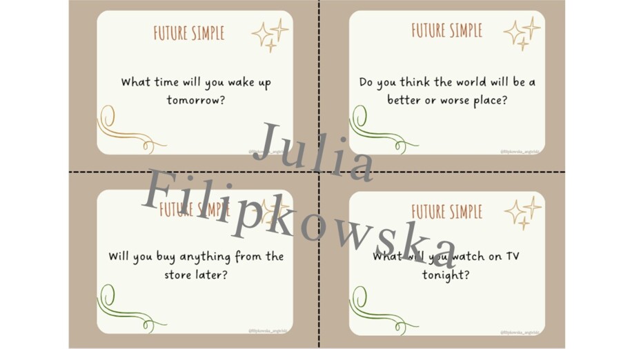 Future Simple/ Karty do mówienia/ Mówienie/ Speaking/ Konwersacje/ Klasy 4-8/ Klasy 4-6/ Klasy 6-8/ SP/ Warm-up/ Rozgrzewka/ Speaking cards/ Gramatyka/ Grammar/ Speaking cards grammar/ E8