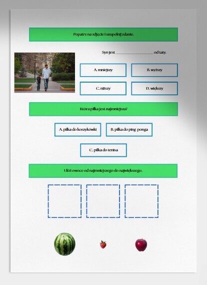Duży czy mały? Szeroki czy wąski? Sprawdzian. Karta pracy