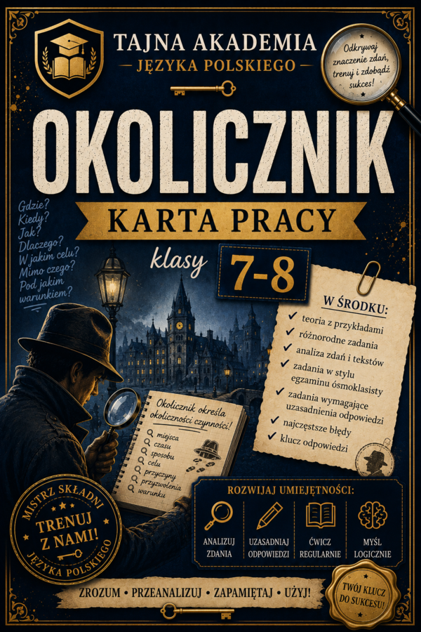 Okolicznik – karta pracy | Klasy 7–8 | Tajna Akademia Języka Polskiego | Rodzaje okolicznika | PDF