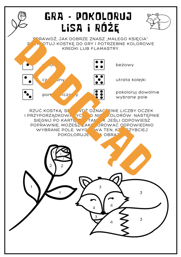 Mały Książę - gra "Pokoloruj różę i lisa"