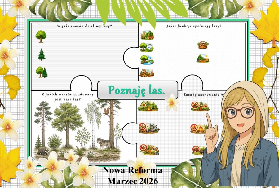 Karta pracy z przyrody do klasy 4 "Poznaję las". Przygotowana na podstawie podręcznika „Odkrywam przyrodę” wydawnictwa Nowa Era. Dział "Życie na lądzie".
