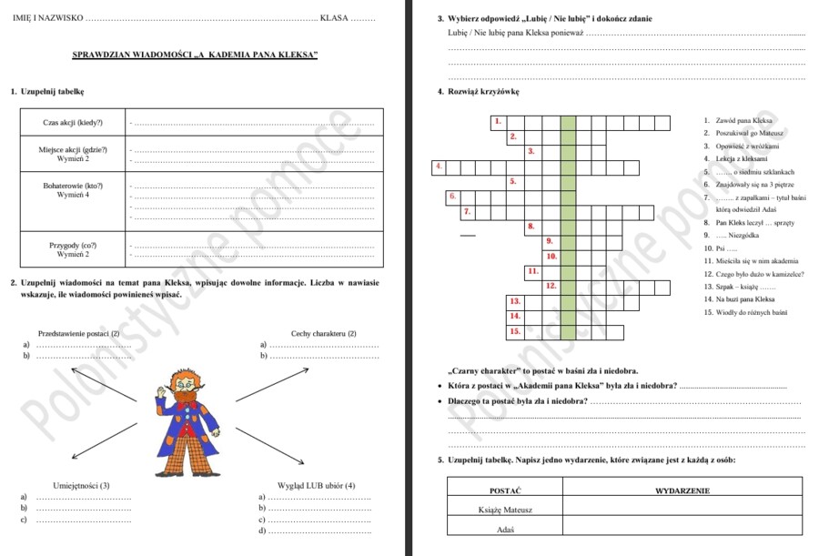 Sprawdzian po omówieniu lektury "Akademia pana Kleksa"