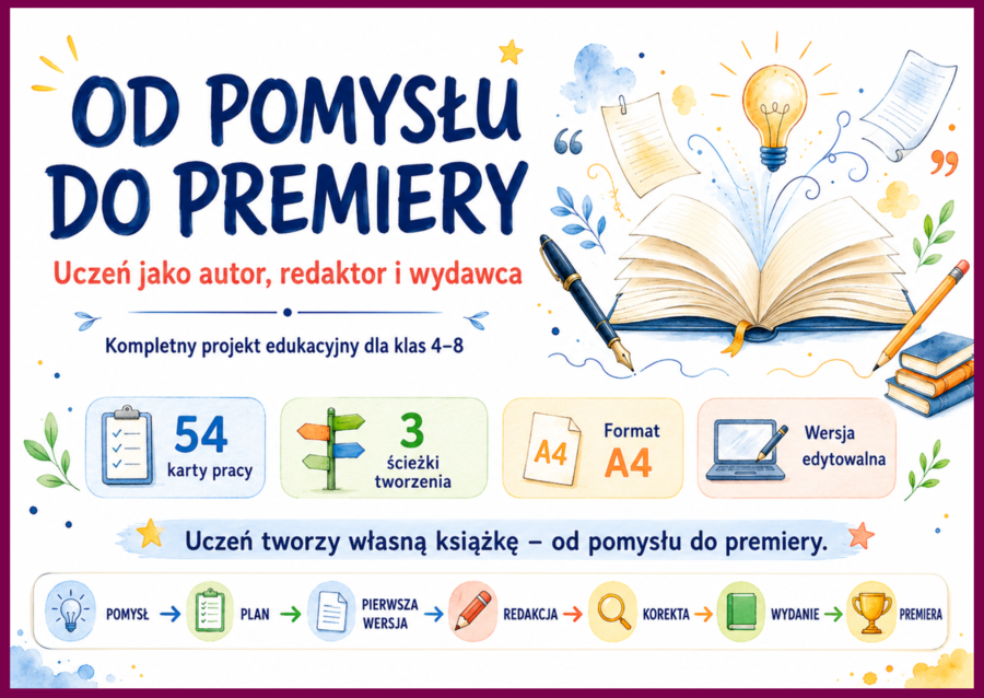 📚 OD POMYSŁU DO PREMIERY - Uczeń jako autor, redaktor i wydawca - Kompletny projekt edukacyjny dla klas 4–8