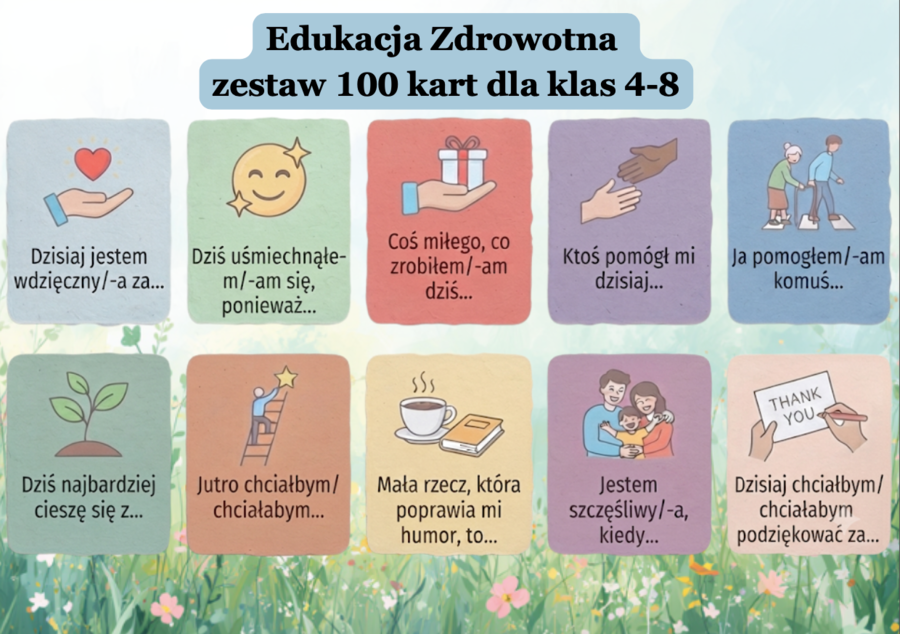 ✨ 100 kart  na Edukację  Zdrowotną dla klas 4–8 ✨