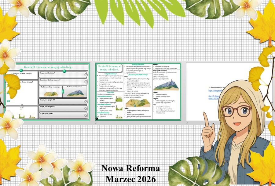 Mały zestaw na jedną lekcję: sketchnotka/notatka/przypomnienie dla nauczyciela, karta pracy plus gratisowa prezentacja multimedialna „Kształt terenu w mojej okolicy” w pdf. Przyroda "Odkrywam przyrodę". Klasa 4. Dział „Moja okolica".