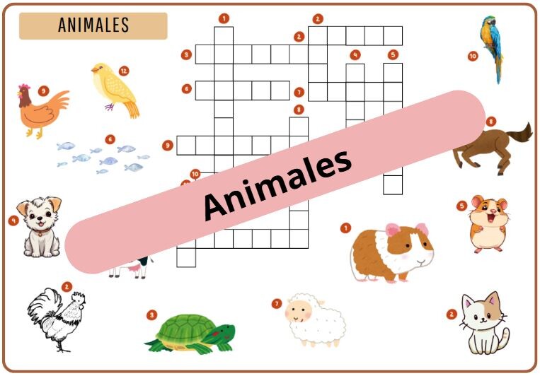Krzyżówka obrazkowa "Animales domésticos" (Zwierzęta domowe) - z odpowiedziami