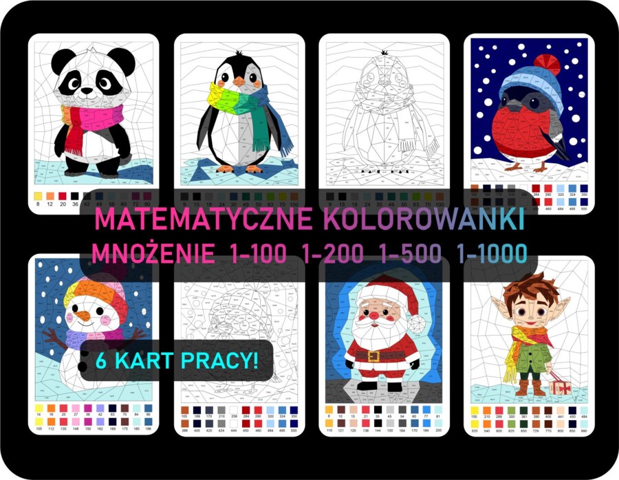 Kolorowanka matematyczna zimowa, świąteczna- zestaw 6 kart, tabliczka mnożenia, mnożenie przez liczby dwucyfrowe, trzycyfrowe